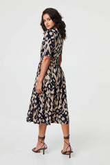 Printed Ruched 1/2 Sleeve Midi Dress