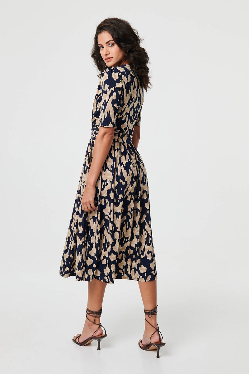 Printed Ruched 1/2 Sleeve Midi Dress