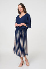 Striped Pleat 1/2 Sleeve Midi Dress