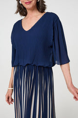 Striped Pleat 1/2 Sleeve Midi Dress