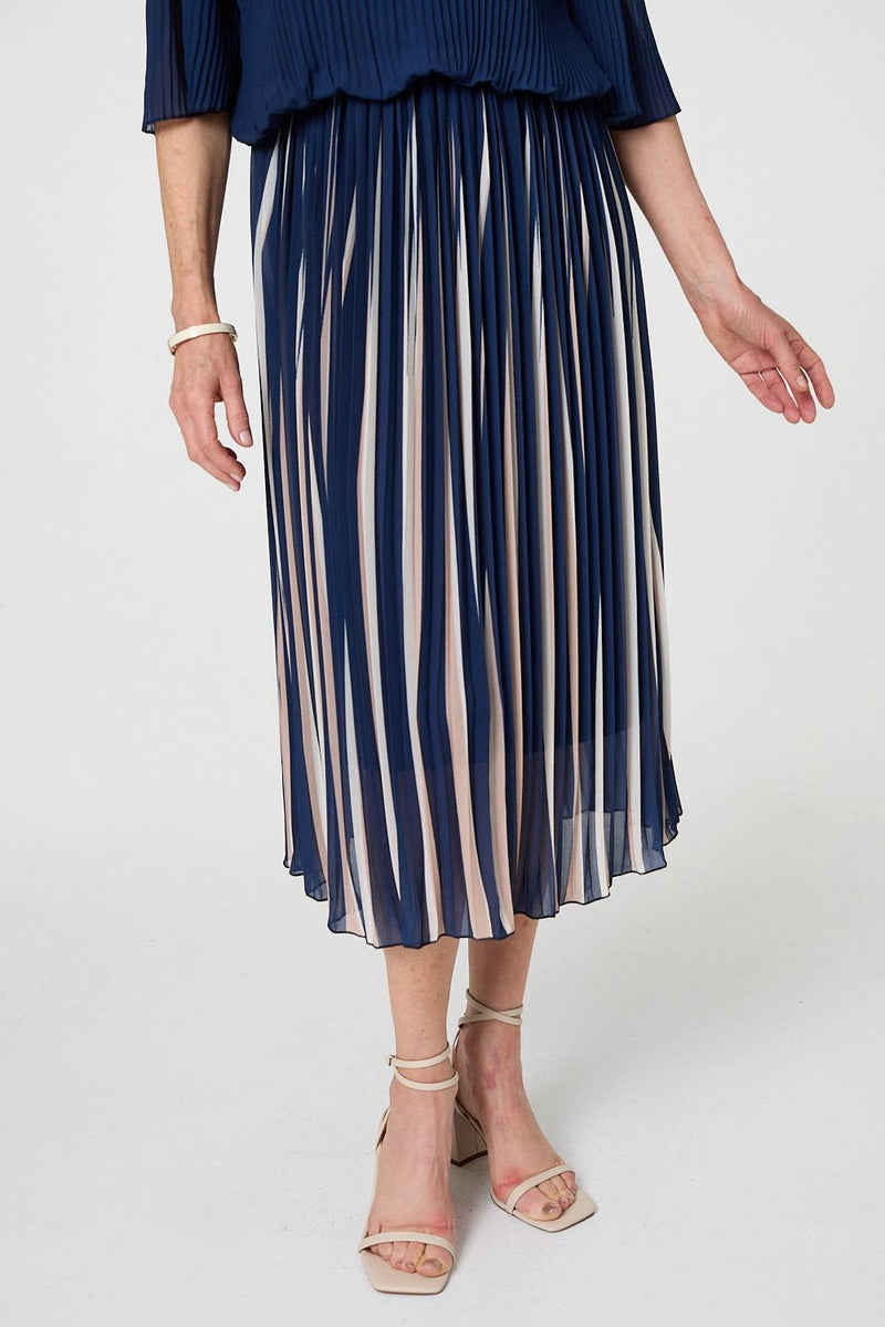Striped Pleat 1/2 Sleeve Midi Dress
