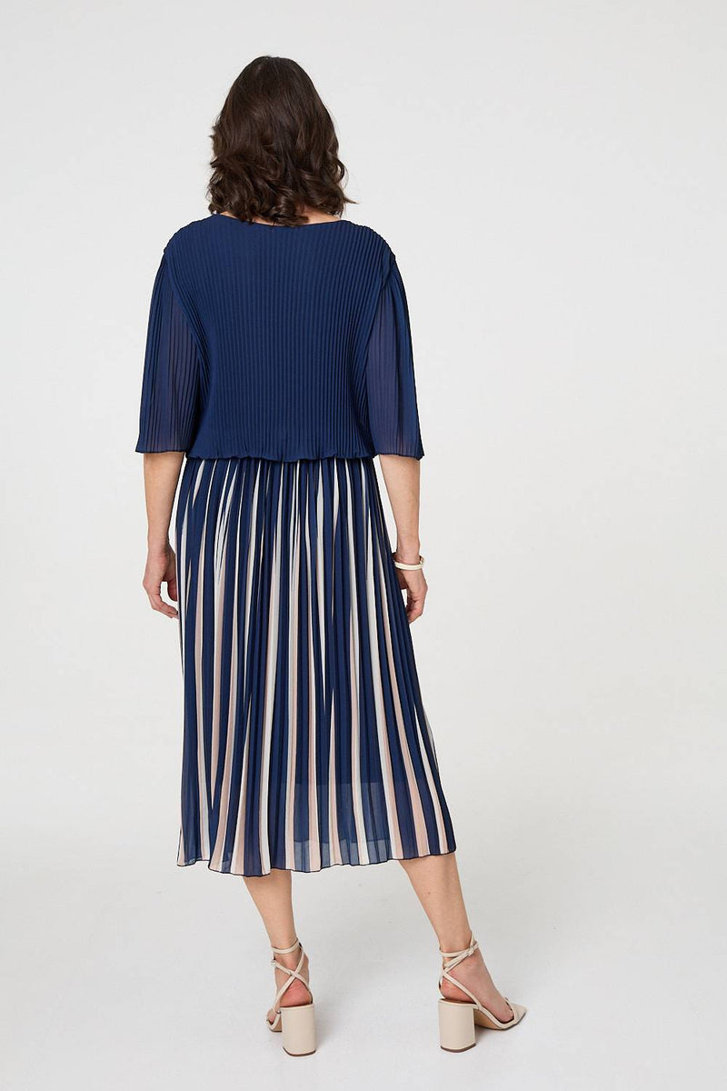 Striped Pleat 1/2 Sleeve Midi Dress