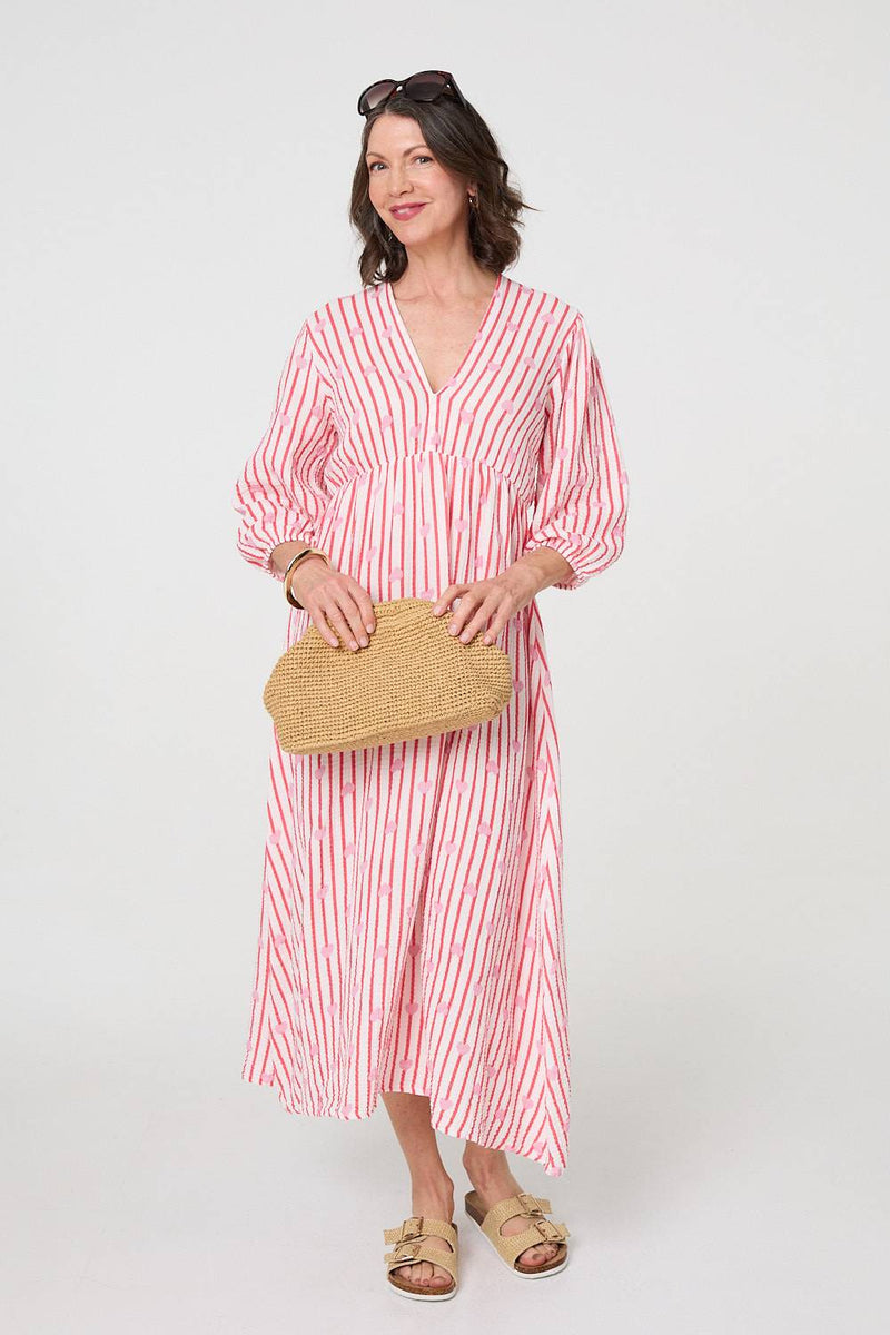 Striped Empire 3/4 Sleeve Maxi Dress