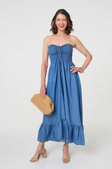 Strapless Shirred Frill Hem Maxi Dress