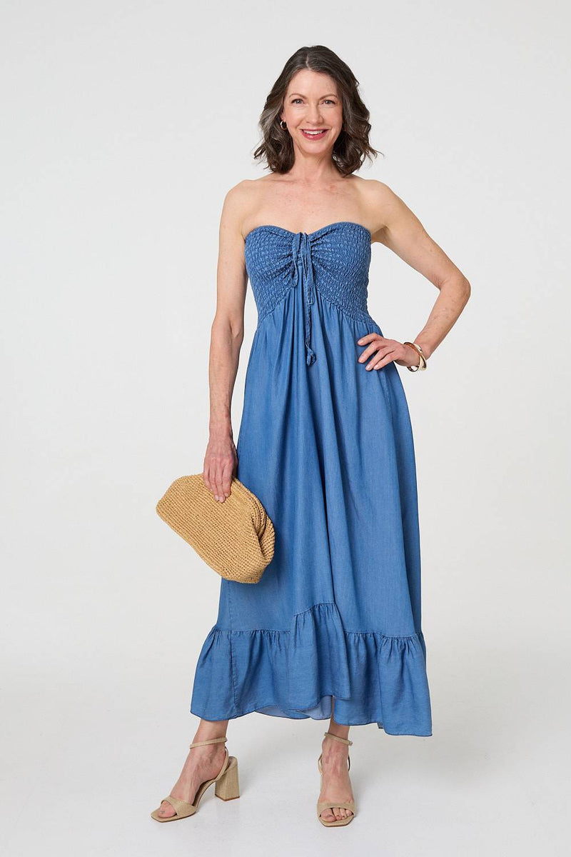 Strapless Shirred Frill Hem Maxi Dress