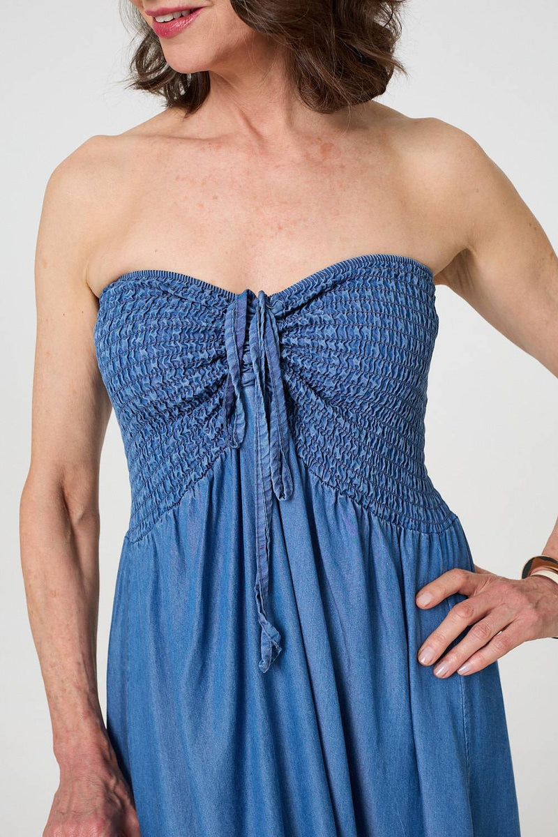 Strapless Shirred Frill Hem Maxi Dress