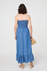 Strapless Shirred Frill Hem Maxi Dress