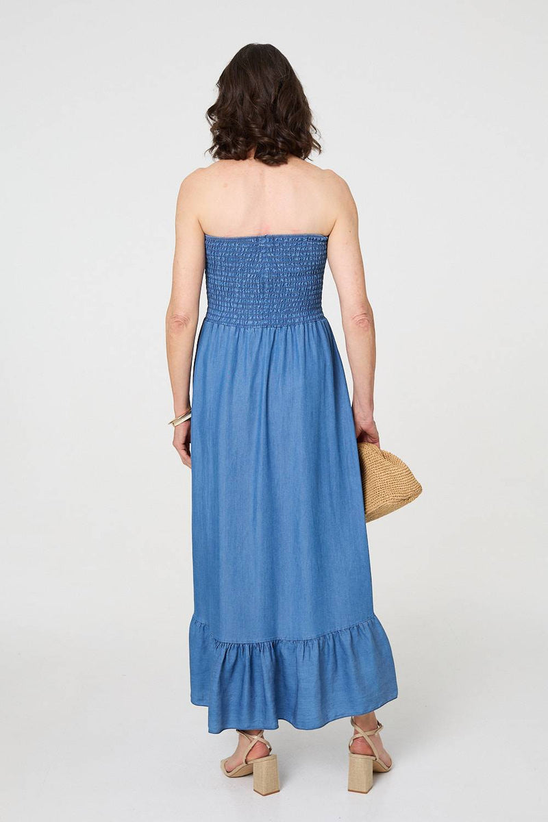 Strapless Shirred Frill Hem Maxi Dress