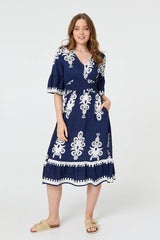 Ikat Print 1/2 Flared Sleeve Midi Dress
