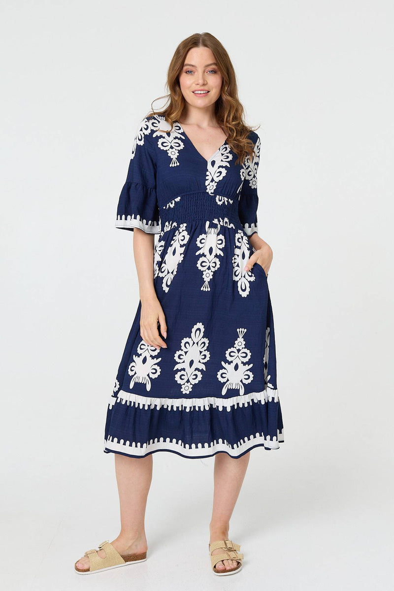 Ikat Print 1/2 Flared Sleeve Midi Dress