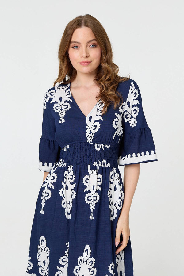 Ikat Print 1/2 Flared Sleeve Midi Dress