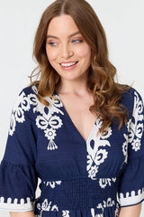 Ikat Print 1/2 Flared Sleeve Midi Dress