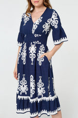 Ikat Print 1/2 Flared Sleeve Midi Dress