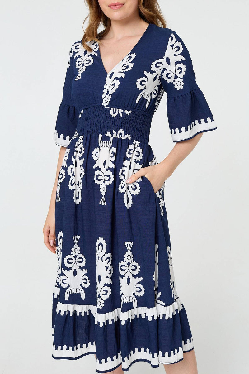Ikat Print 1/2 Flared Sleeve Midi Dress