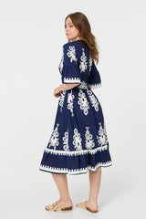 Ikat Print 1/2 Flared Sleeve Midi Dress