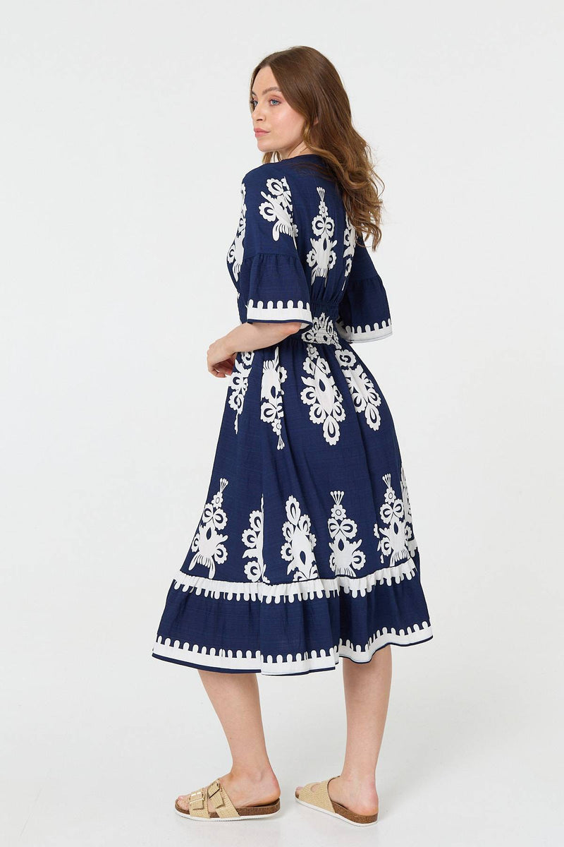 Ikat Print 1/2 Flared Sleeve Midi Dress