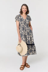 Ikat Print Shirred Lace Midi Dress