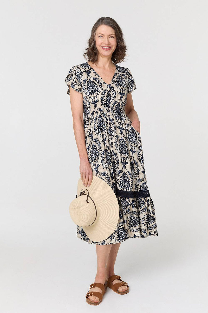 Ikat Print Shirred Lace Midi Dress