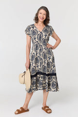 Ikat Print Shirred Lace Midi Dress