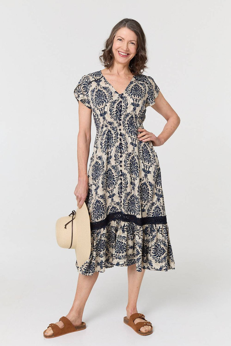 Ikat Print Shirred Lace Midi Dress