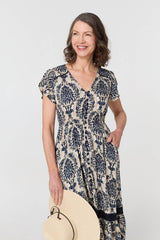 Ikat Print Shirred Lace Midi Dress