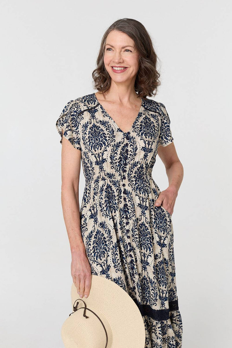 Ikat Print Shirred Lace Midi Dress