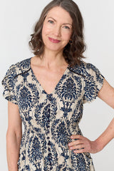 Ikat Print Shirred Lace Midi Dress