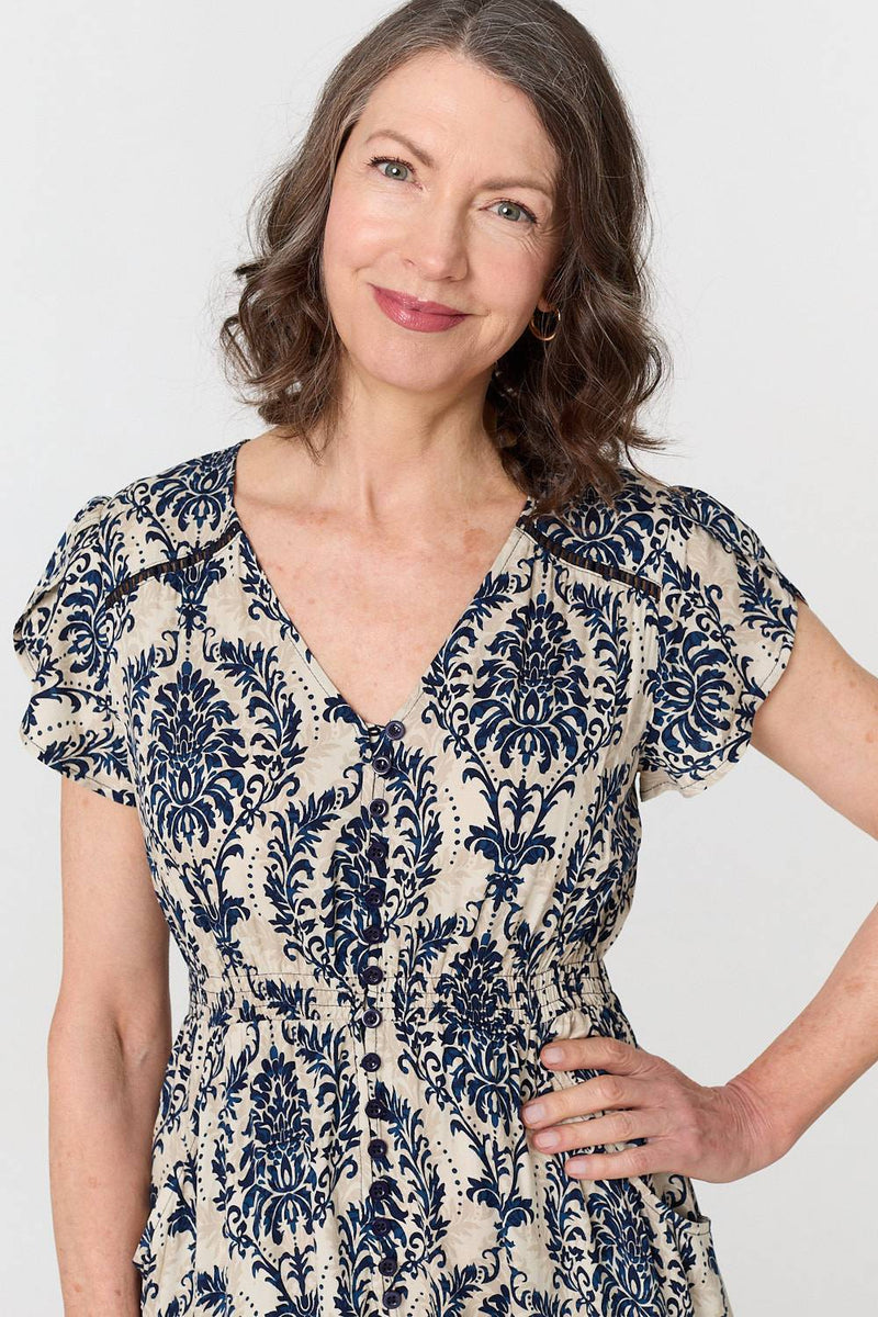 Ikat Print Shirred Lace Midi Dress