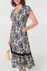 Ikat Print Shirred Lace Midi Dress