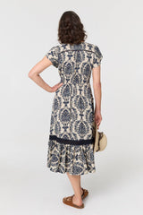 Ikat Print Shirred Lace Midi Dress