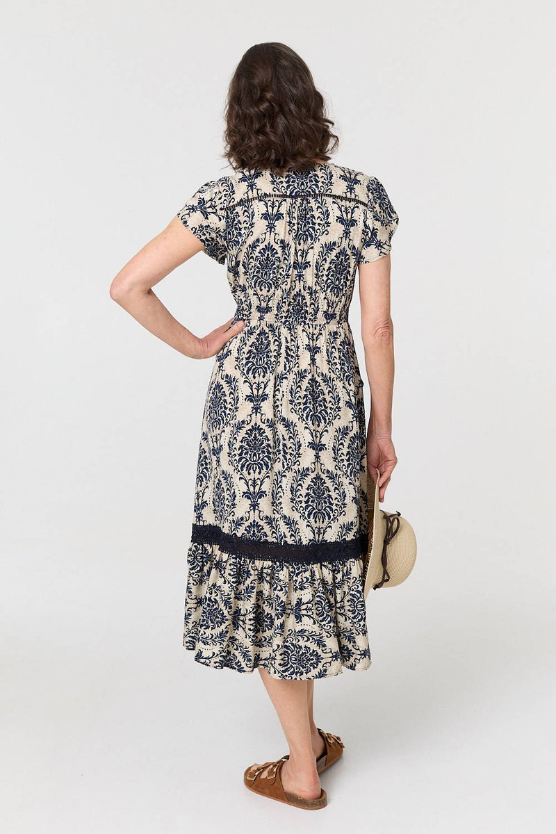 Ikat Print Shirred Lace Midi Dress