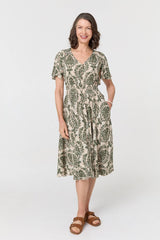 Printed Smocked Short Sleeve Midi Dress