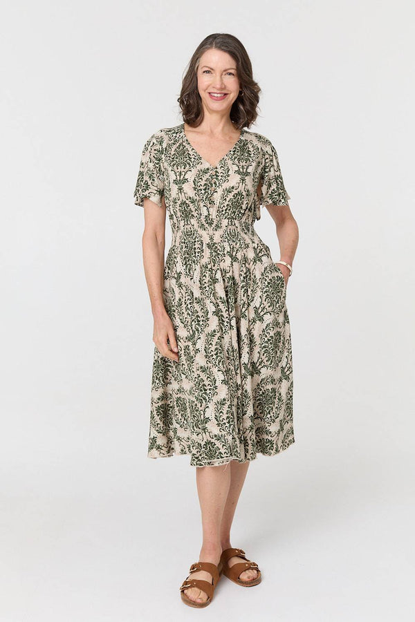 Printed Smocked Short Sleeve Midi Dress
