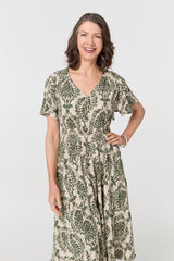 Printed Smocked Short Sleeve Midi Dress