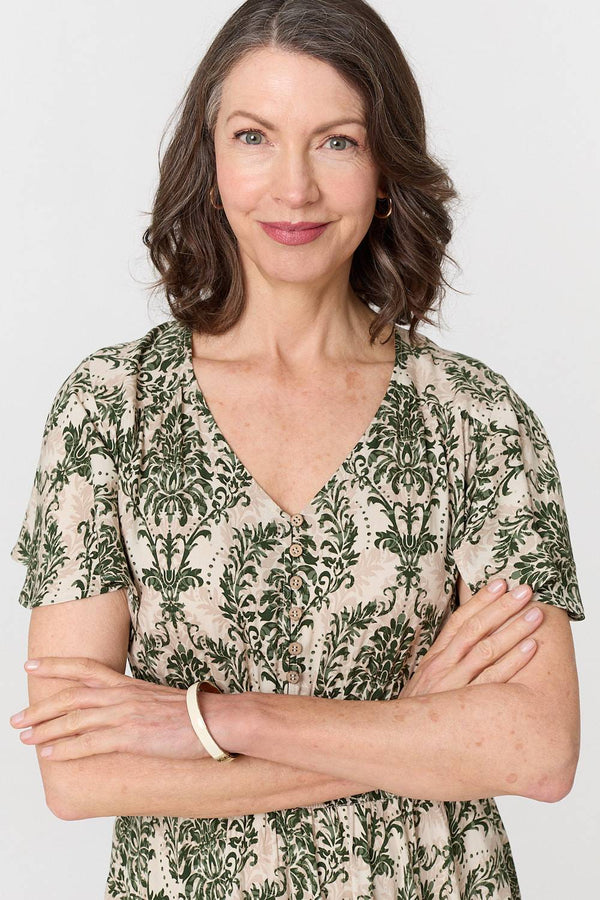 Printed Smocked Short Sleeve Midi Dress