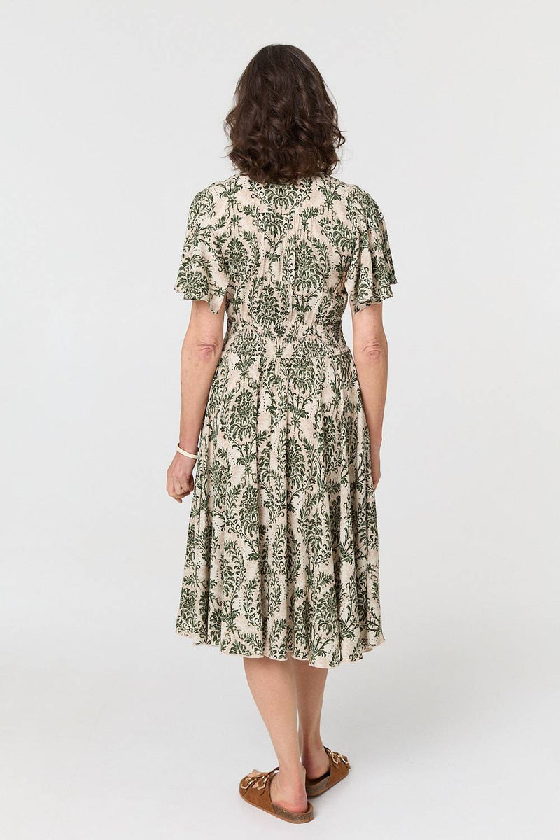 Printed Smocked Short Sleeve Midi Dress