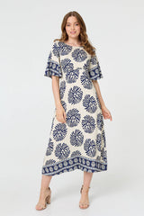 Floral Flared Sleeve Ruched Midi Dress