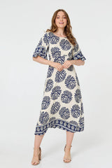Floral Flared Sleeve Ruched Midi Dress