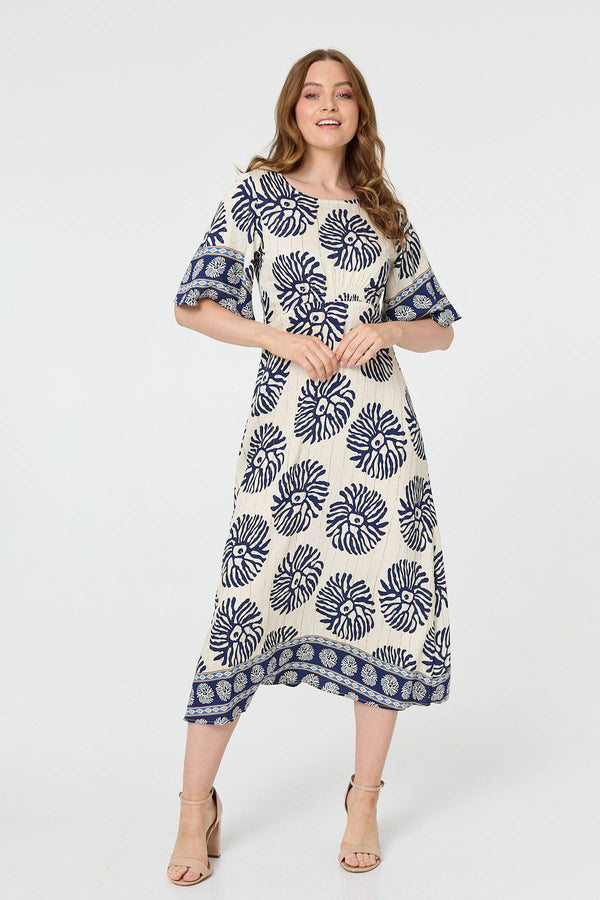 Floral Flared Sleeve Ruched Midi Dress