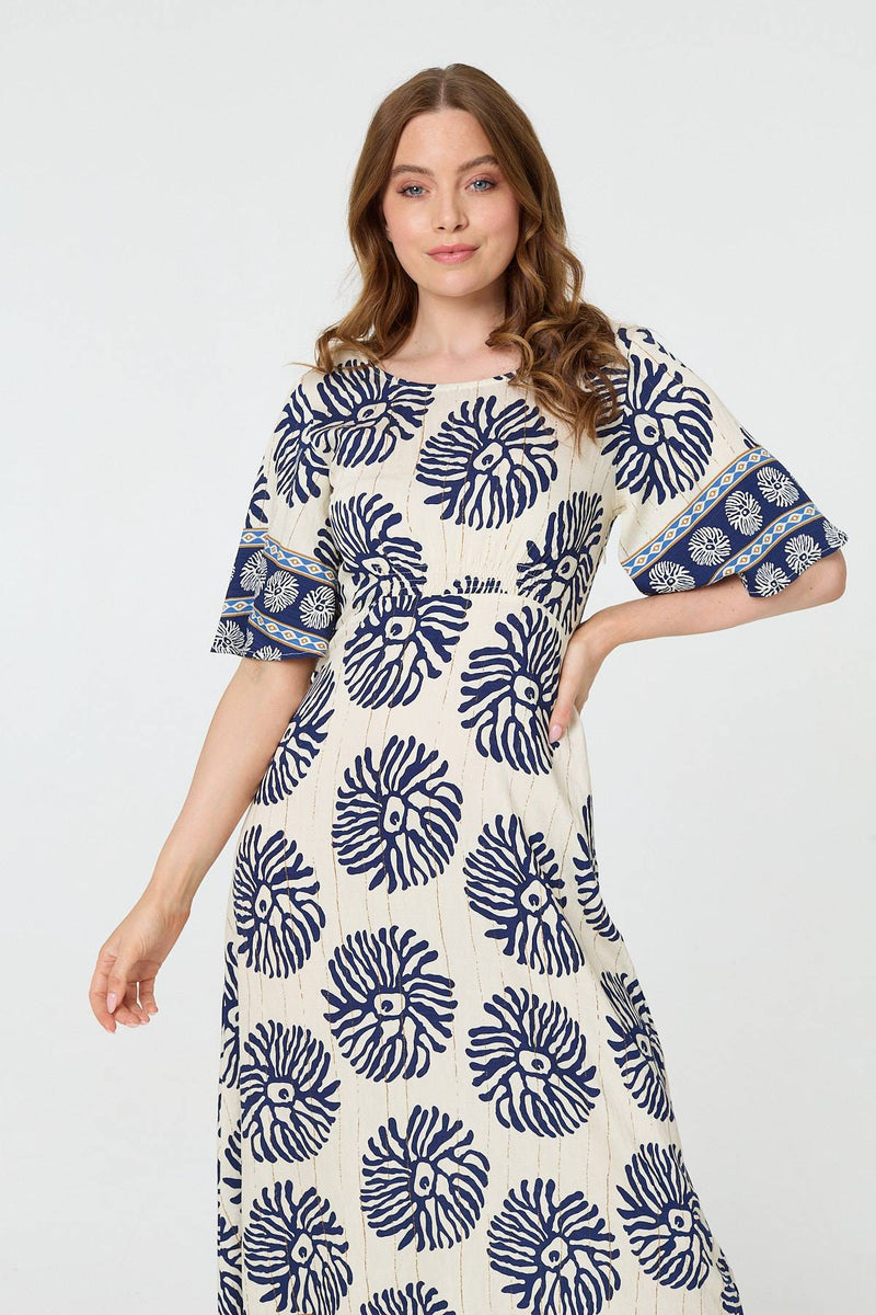 Floral Flared Sleeve Ruched Midi Dress