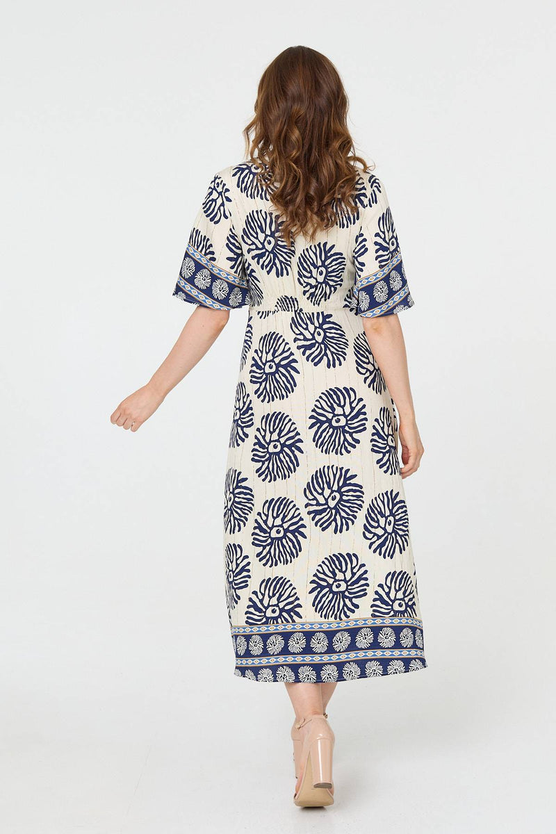 Floral Flared Sleeve Ruched Midi Dress