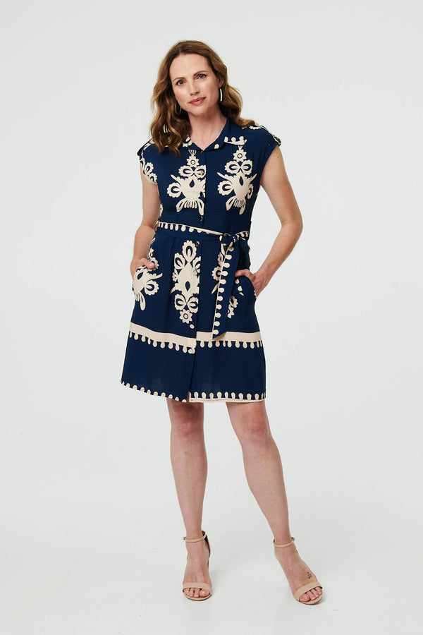Ikat Print Cap Sleeve Short Shirt Dress