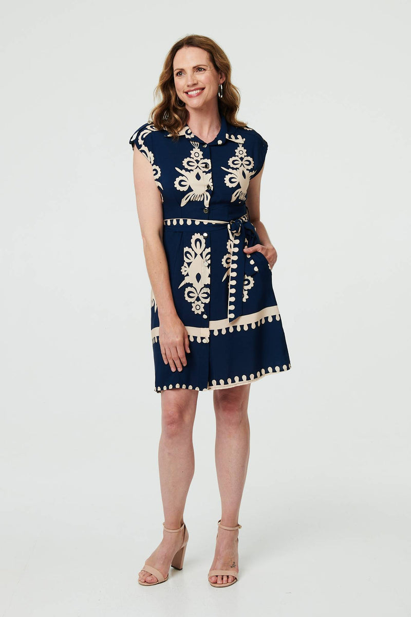 Ikat Print Cap Sleeve Short Shirt Dress