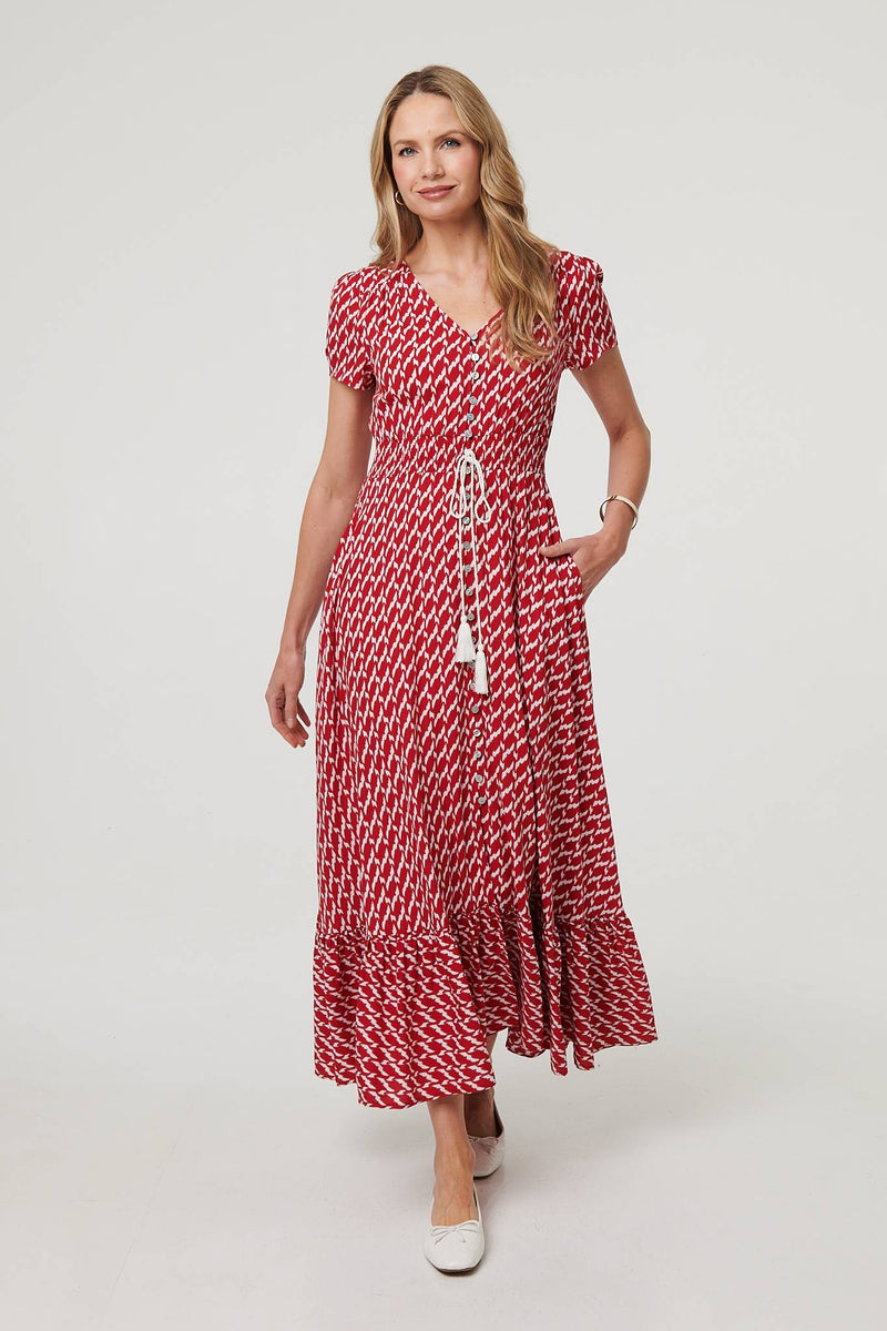 Printed Smocked Tie Waist Maxi Dress