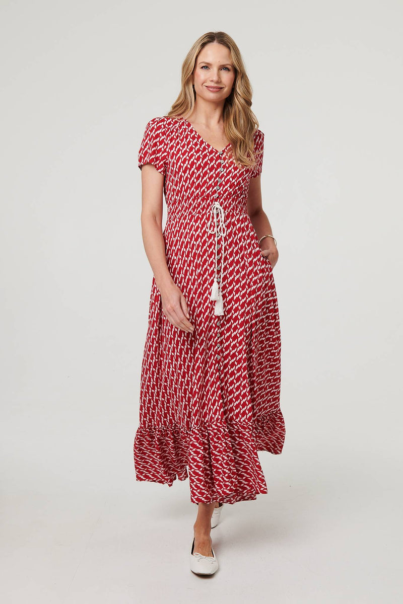 Printed Smocked Tie Waist Maxi Dress