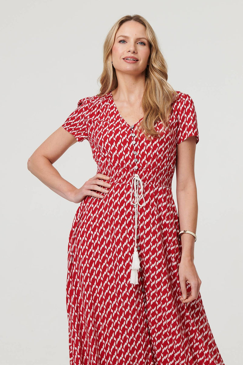 Printed Smocked Tie Waist Maxi Dress
