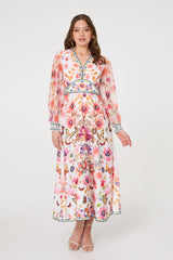 Border Print Empire Kimono Maxi Dress