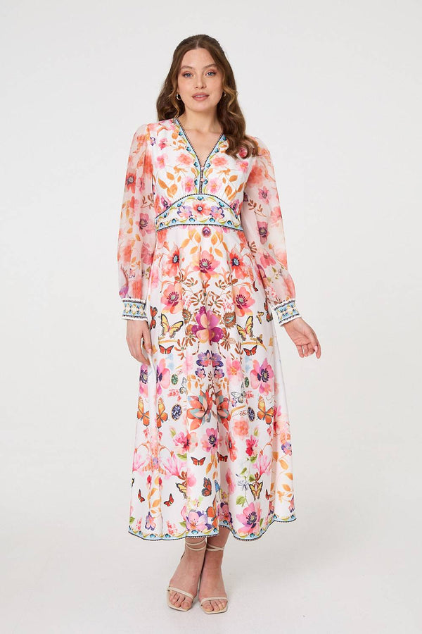 Border Print Empire Kimono Maxi Dress