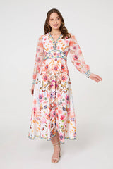 Border Print Empire Kimono Maxi Dress