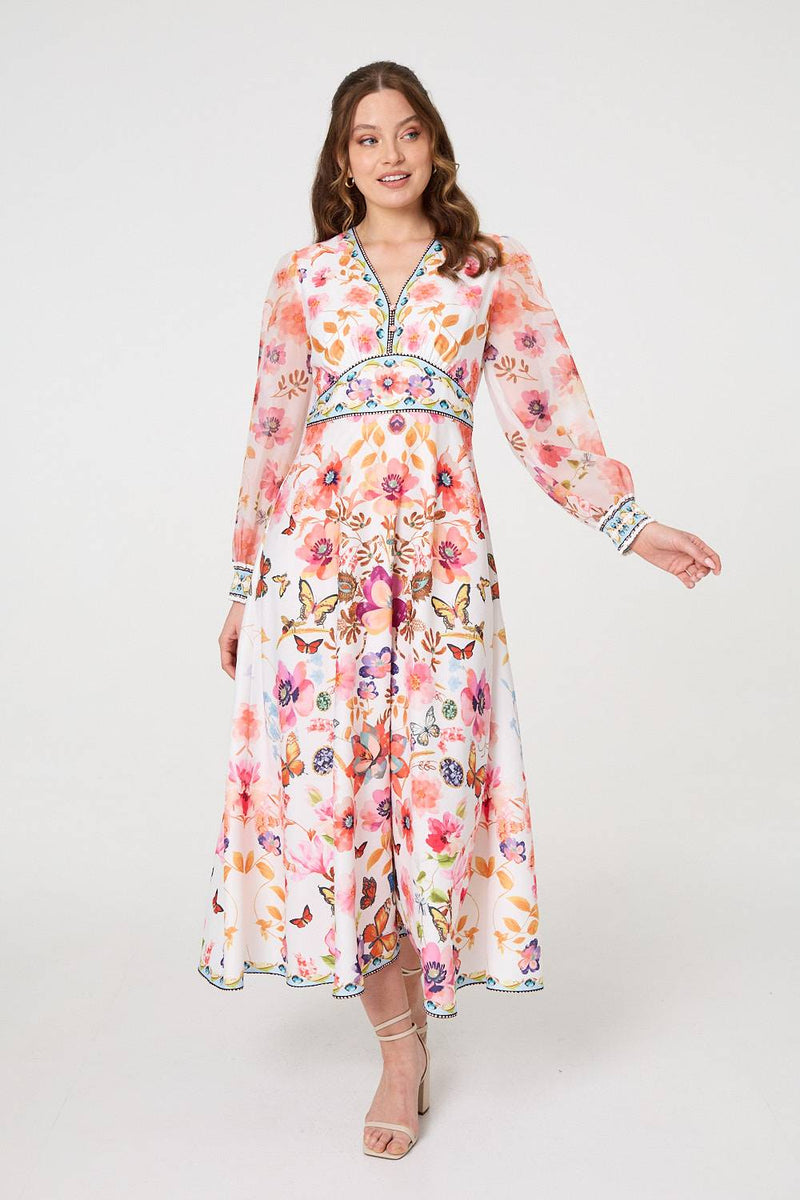 Border Print Empire Kimono Maxi Dress